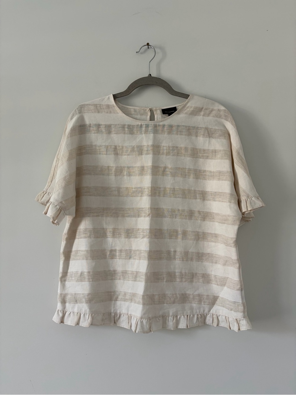 Who What Wear Ivory Tan Stripe Linen Short Sleeve Ruffle Boxy Casual Blouse S